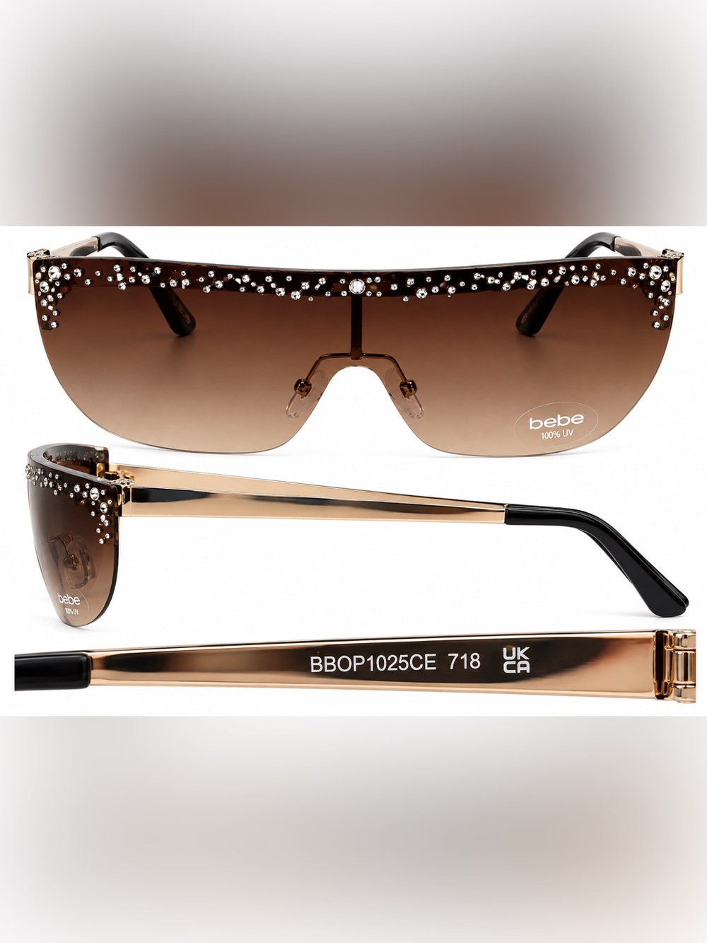 bebe Brown Shield Sunglasses with Crystal Accents ( No Case)